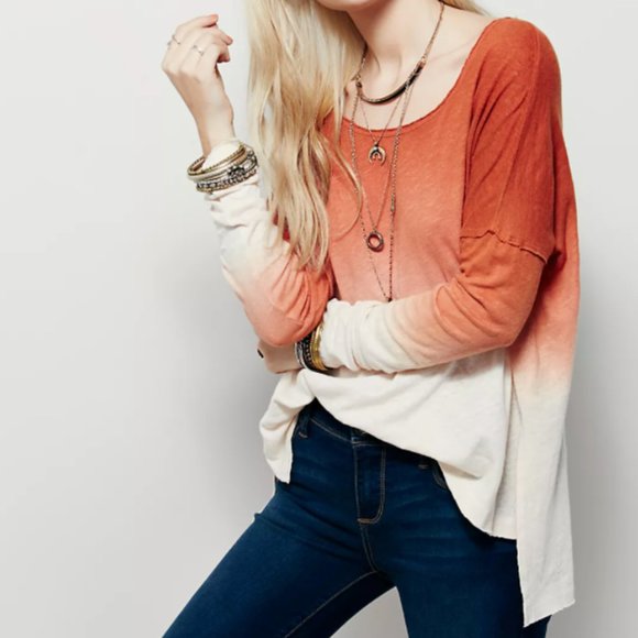 Free People Tops - Free People Orange We The Free Starry Night Long Sleeve Linen Cotton Tee Size S
